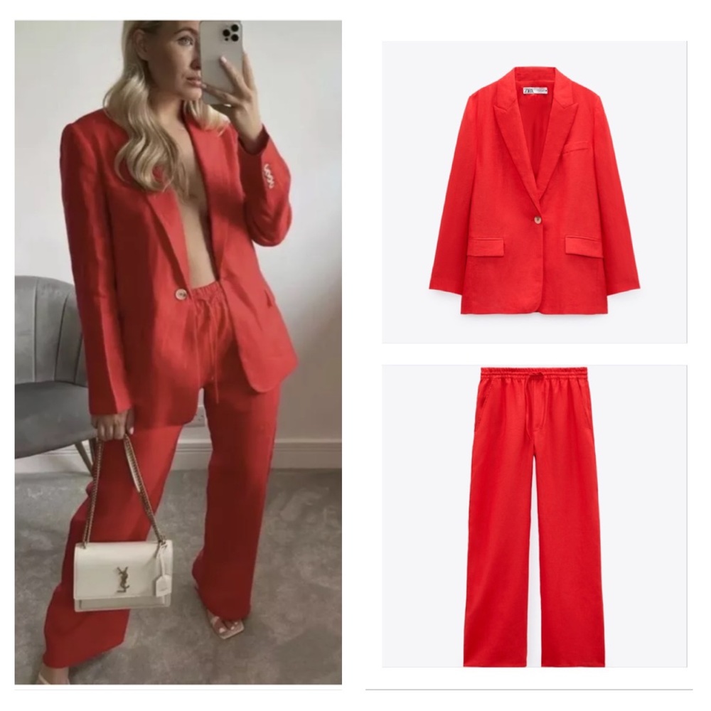Zara Red Blazer and Wide-Leg Suit Pants